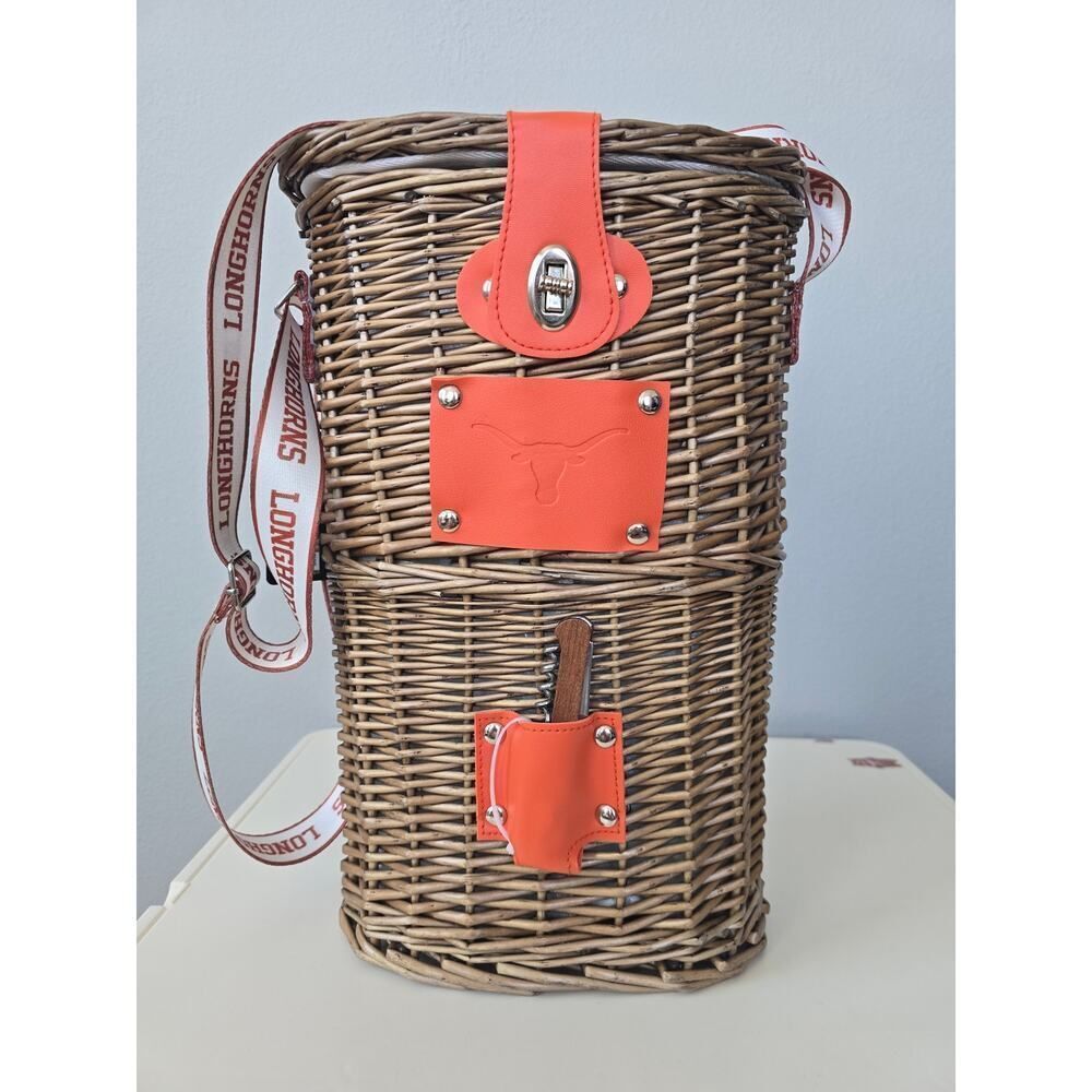 Texas Longhorns Wicker Cooler Bag With Corkscrew NWT Insulated Picnic Tailgate